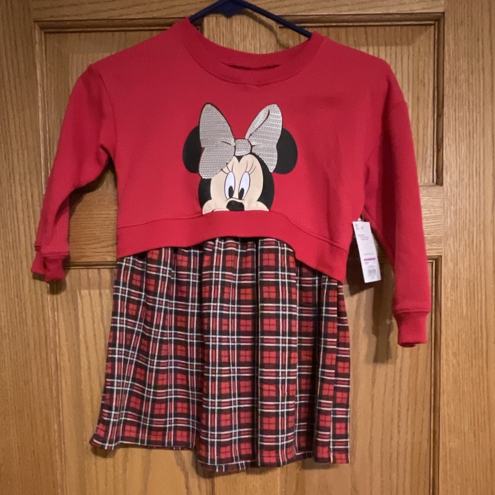 Minnie Mouse Silver Sequin Plaid Long Sleeve 5T Dress Jumping Beans Red & Black